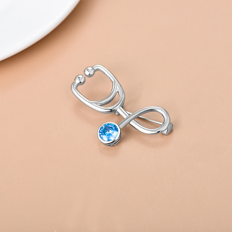 دبوس سماعة طبية من الفضة الإسترلينية مرصع بالزركونيا المكعبة الزرقاء، هدية مجوهرات للممرضات والأطباء-3