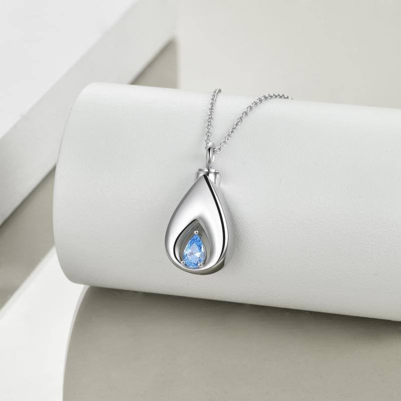 Sterling Silver Blue Cubic Zirconia Tear Drop Shape Urn Necklace for Ashes-3