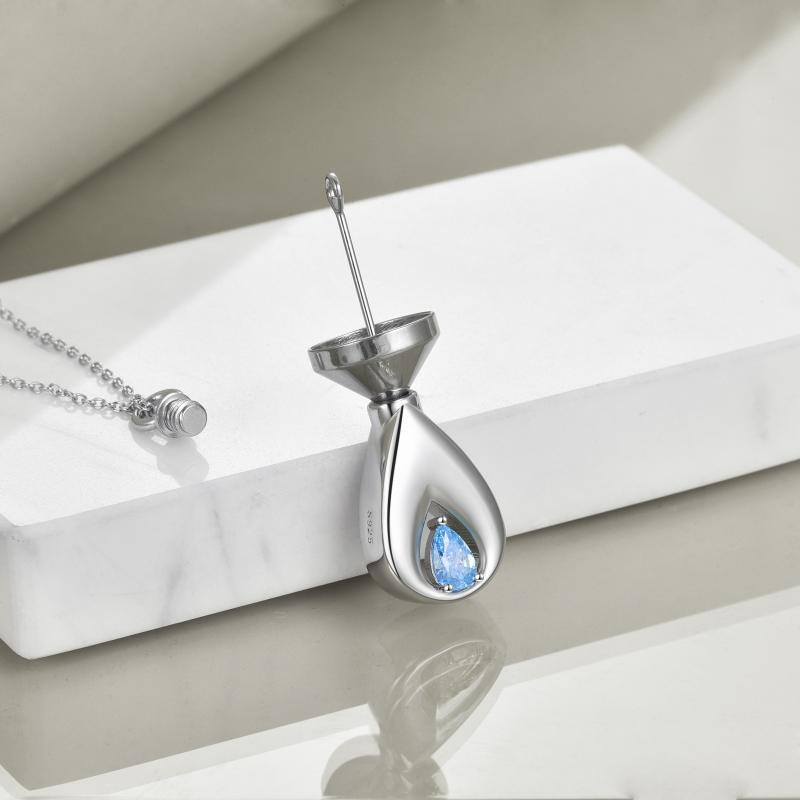 Sterling Silver Blue Cubic Zirconia Tear Drop Shape Urn Necklace for Ashes-4