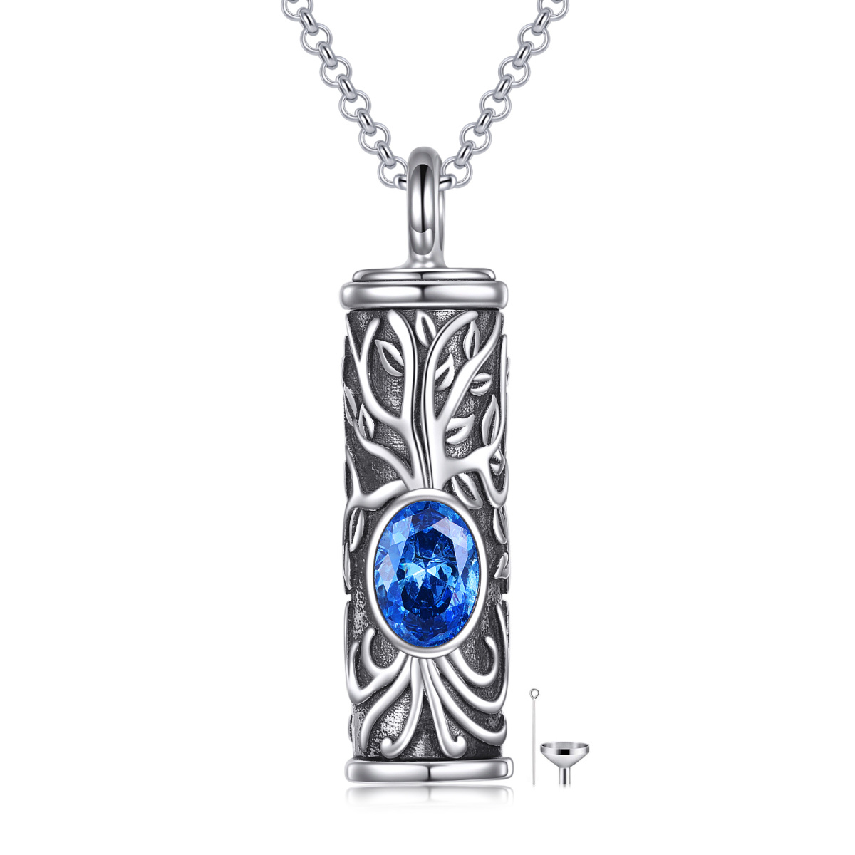 Collar Urna Árbol de la Vida de Plata de Ley con Circonitas Azules para Cenizas-1