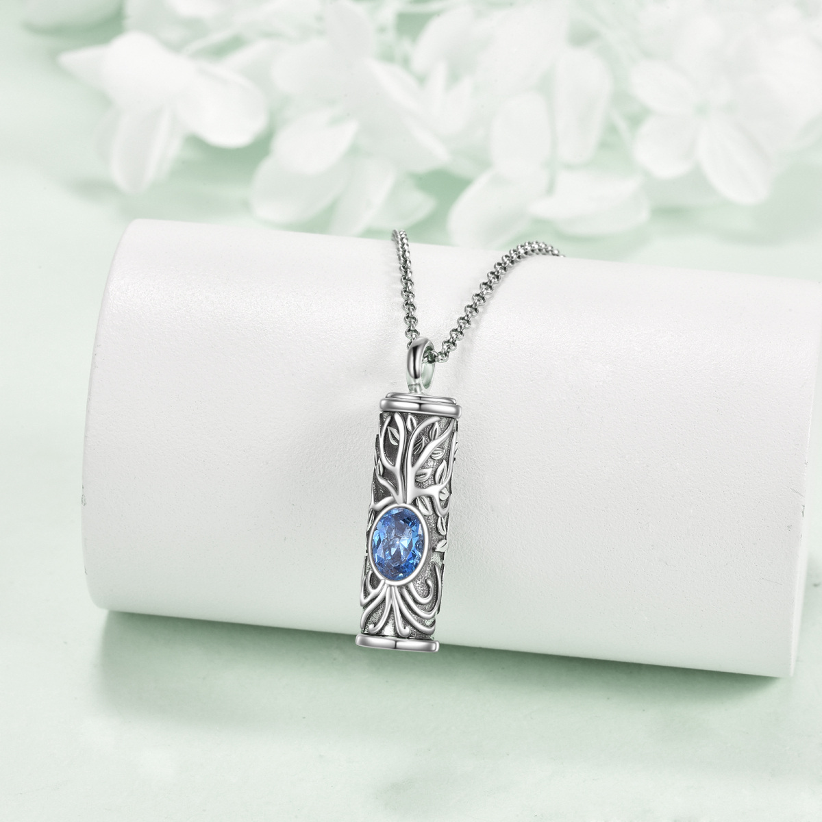 Sterling Silver Blue Zirconia Tree Of Life Urn Necklace for Ashes-3