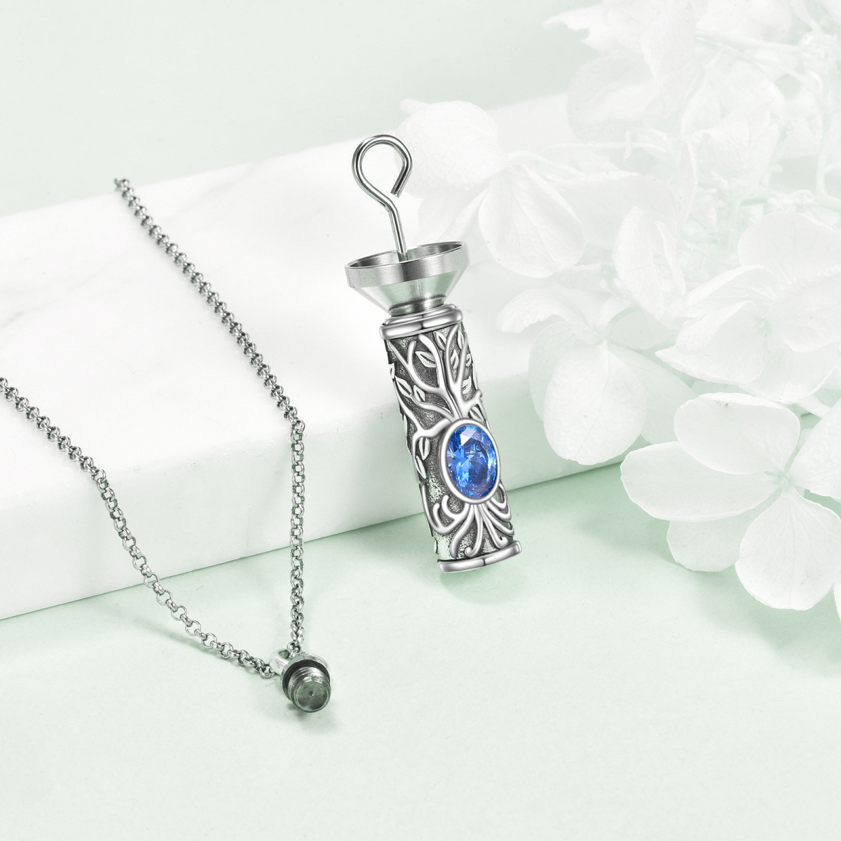 Sterling Silver Blue Zirconia Tree Of Life Urn Necklace for Ashes-4