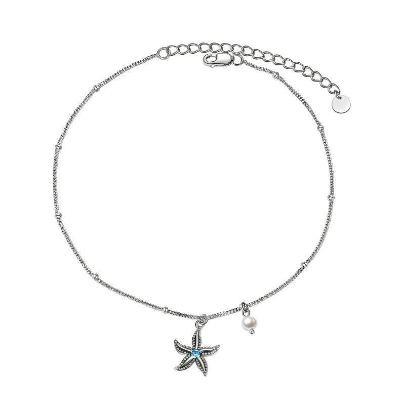 Sterling Silver Cubic Zirconia Starfish Single Layer Charm Anklet-1