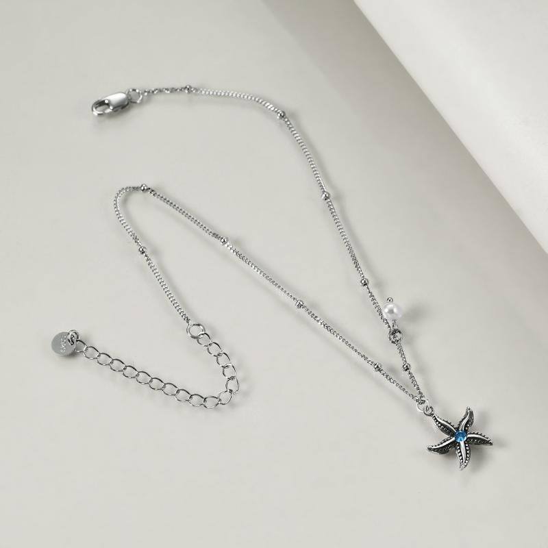 Sterling Silver Cubic Zirconia Starfish Single Layer Charm Anklet-3