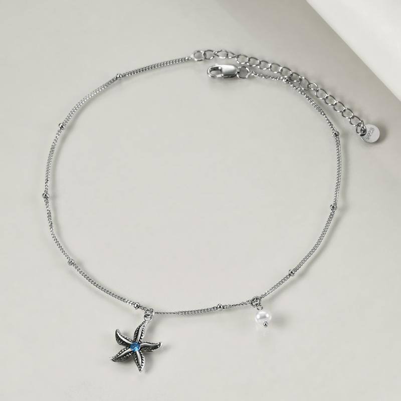 Sterling Silver Cubic Zirconia Starfish Single Layer Charm Anklet-4