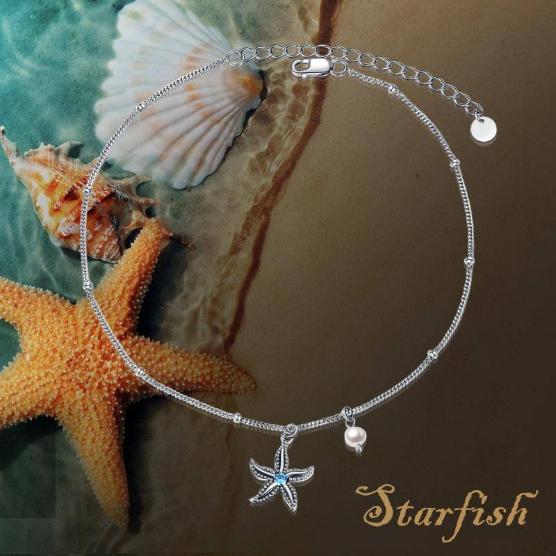 Sterling Silver Cubic Zirconia Starfish Single Layer Charm Anklet-6