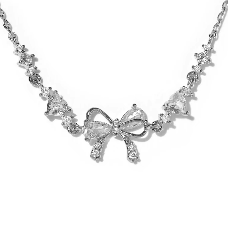 Sterling Silver Cubic Zirconia Bow Necklace-1