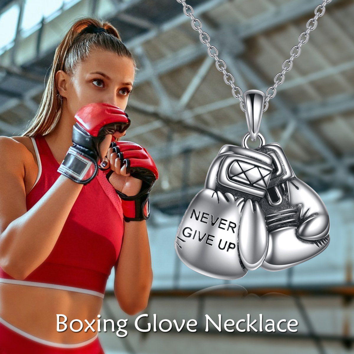 Collar de plata de ley con colgante de guantes de boxeo y palabra grabada-3