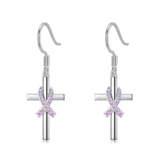 Sterling Silver Cubic Zirconia Breast Cancer & Cross Drop Earrings-1