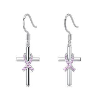 Sterling Silver Cubic Zirconia Breast Cancer & Cross Drop Earrings-4