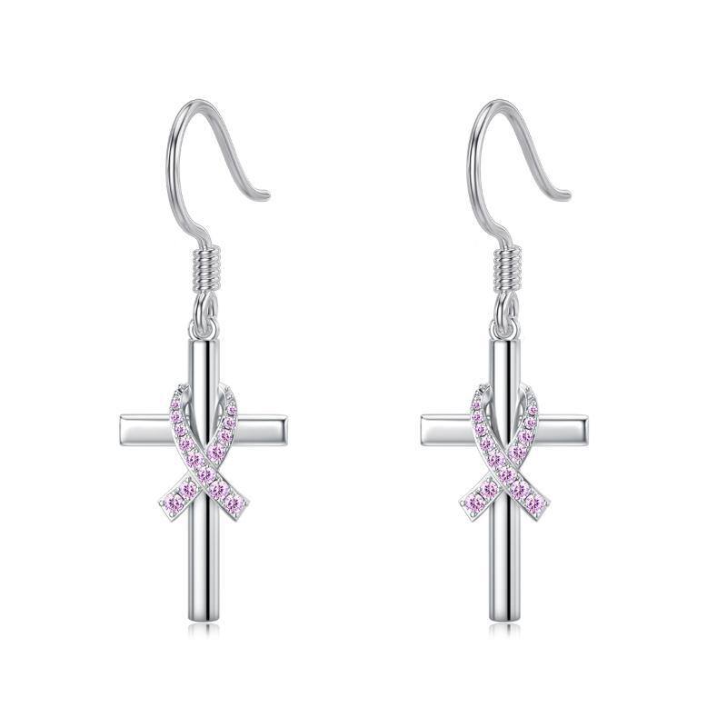 Sterling Silver Cubic Zirconia Breast Cancer & Cross Drop Earrings