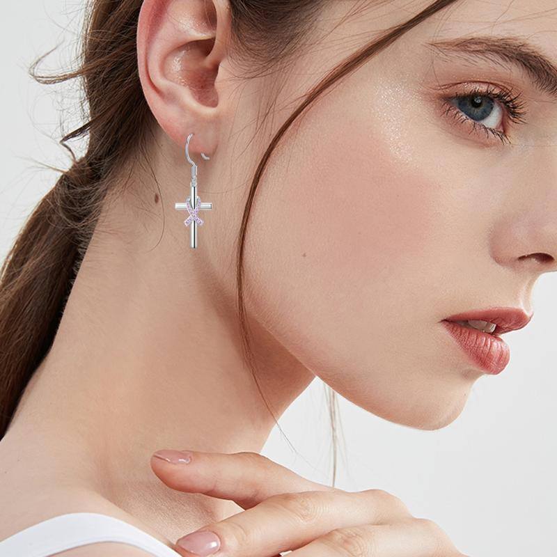 Pendientes colgantes de cruz de cáncer de mama con circonita cúbica en plata de ley-2