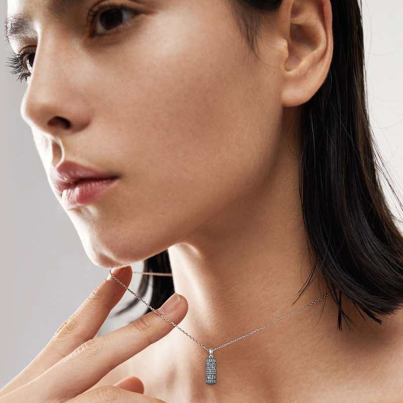 Collier d'urne pour cendres en argent sterling avec moulin à prières bouddhiste-2