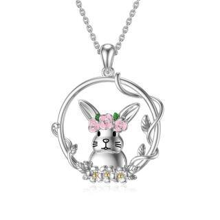 Sterling Silver Two-tone Rabbit & Leaves & Wildflowers Pendant Necklace-48