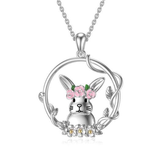 Sterling Silver Two-tone Rabbit & Leaves & Wildflowers Pendant Necklace