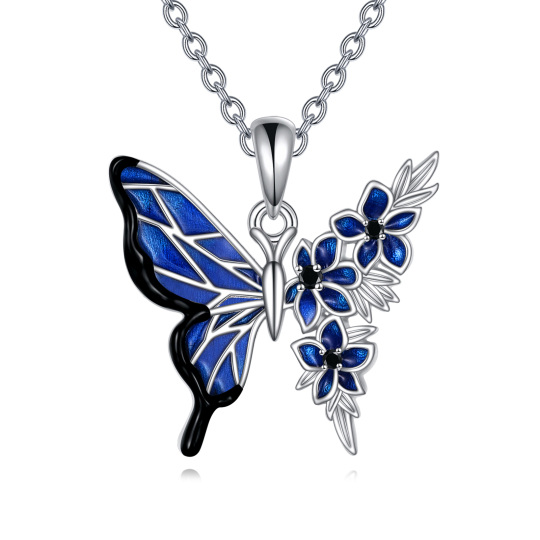 Sterling Silver Butterfly With Blue Peony Flower Pendant Necklace