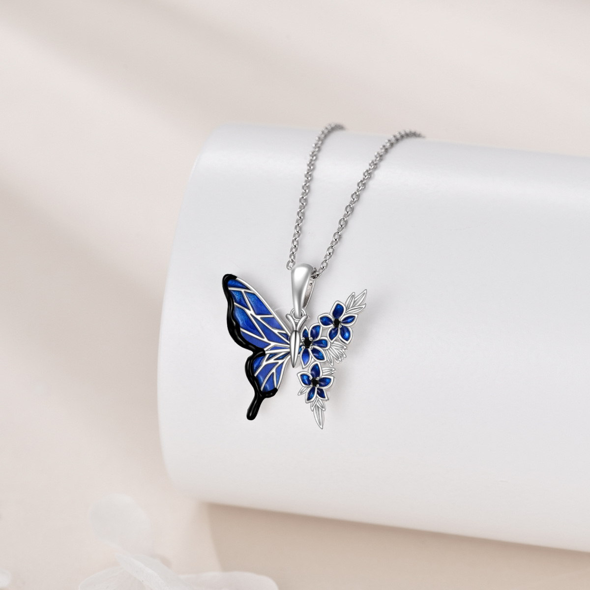 Collar de plata de ley con mariposa y flor de peonía azul-3