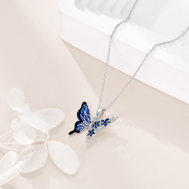 Sterling Silver Butterfly With Blue Peony Flower Pendant Necklace-4