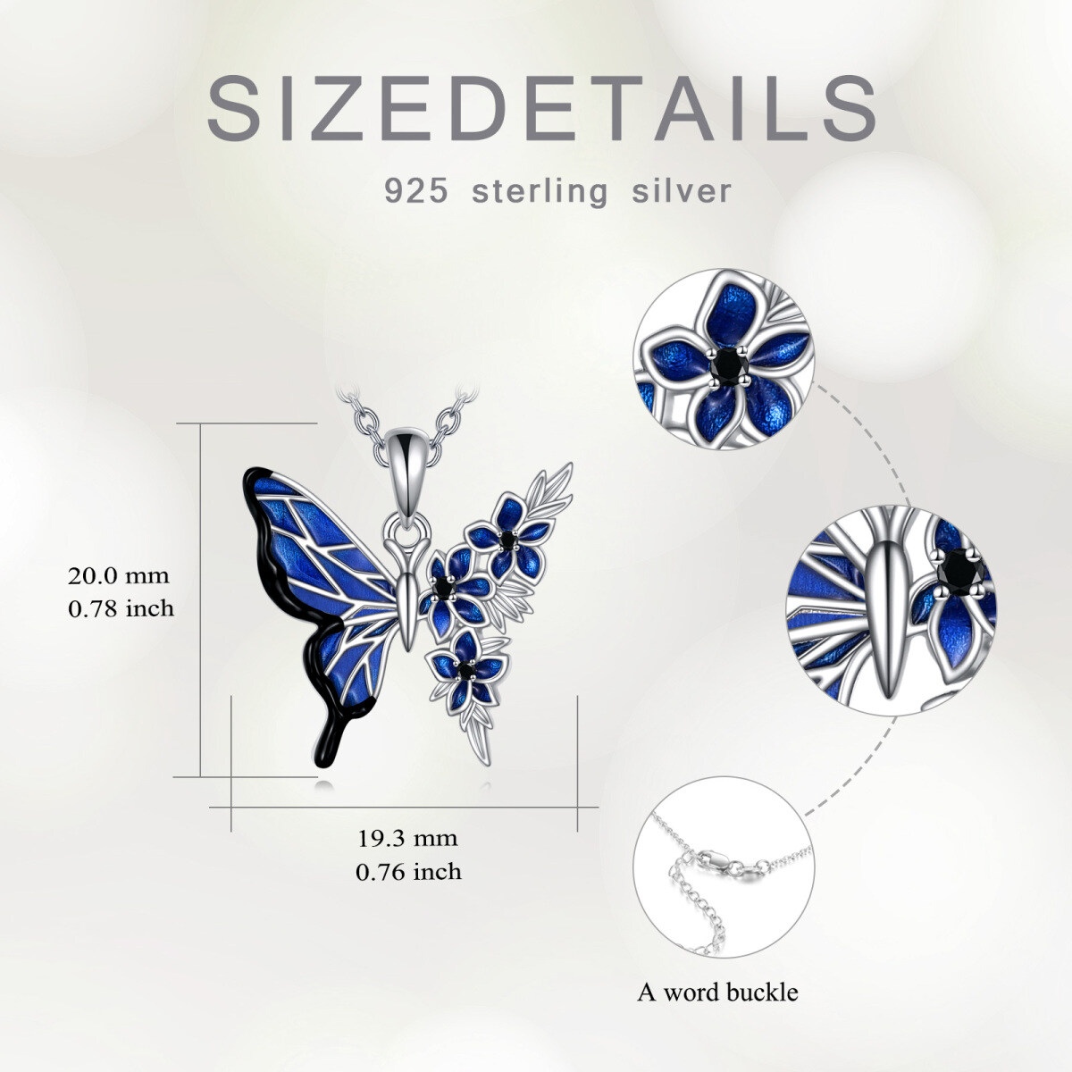 Sterling Silber Schmetterling mit blauer Pfingstrose Blume Anhänger Halskette-5