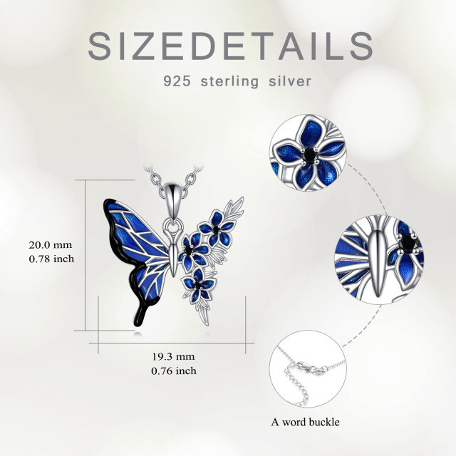 Sterling Silver Butterfly With Blue Peony Flower Pendant Necklace-5