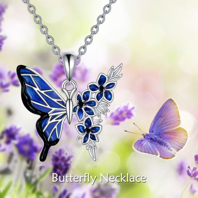 Sterling Silver Butterfly With Blue Peony Flower Pendant Necklace-6