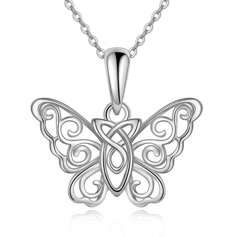 Sterling Silver Butterfly & Celtic Knot Pendant Necklace-2