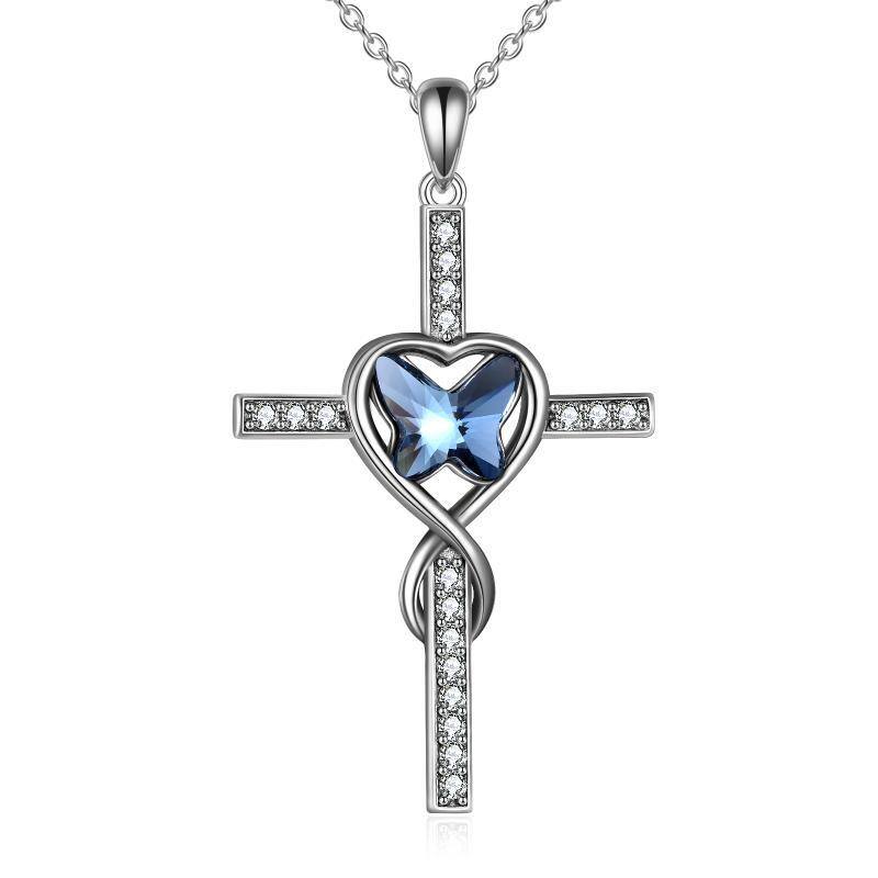 Sterling Silver Crystal Butterfly Cross Heart Pendant Necklace for Women-1