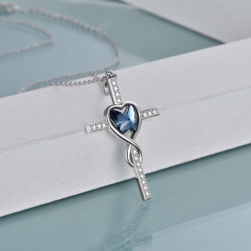 Srebrny kryształowy naszyjnik z motylem i sercem w kształcie krzyża dla kobiet-3