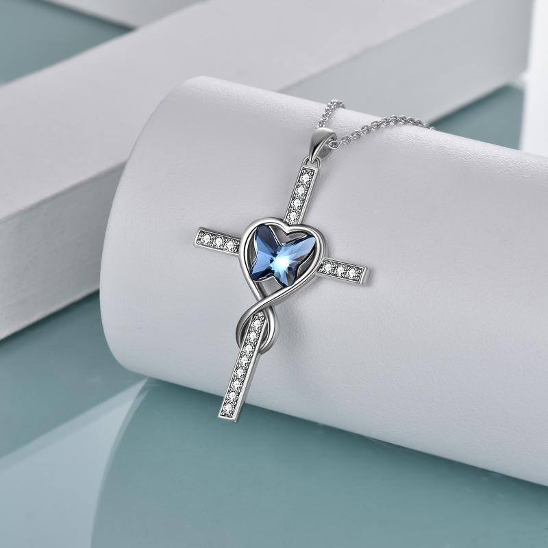 Srebrny kryształowy naszyjnik z motylem i sercem w kształcie krzyża dla kobiet-4