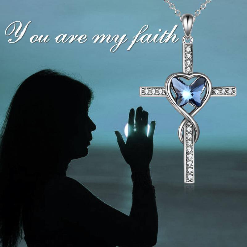 Srebrny kryształowy naszyjnik z motylem i sercem w kształcie krzyża dla kobiet-6