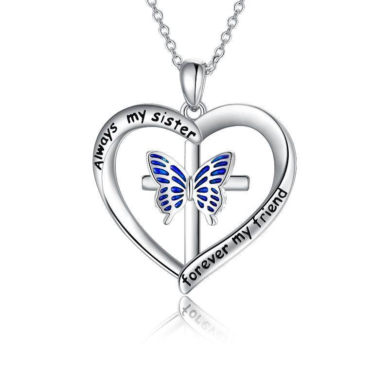 Collar Colgante Mariposa y Cruz de Corazón en Plata de Ley con Palabra Grabada para Mujer-1