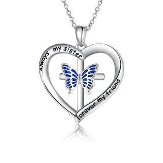 Sterling Silver Butterfly & Cross Heart Pendant Necklace With Engraved Word For Women-45