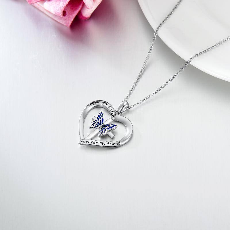 Sterling Silver Butterfly & Cross Heart Pendant Necklace With Engraved Word For Women-4