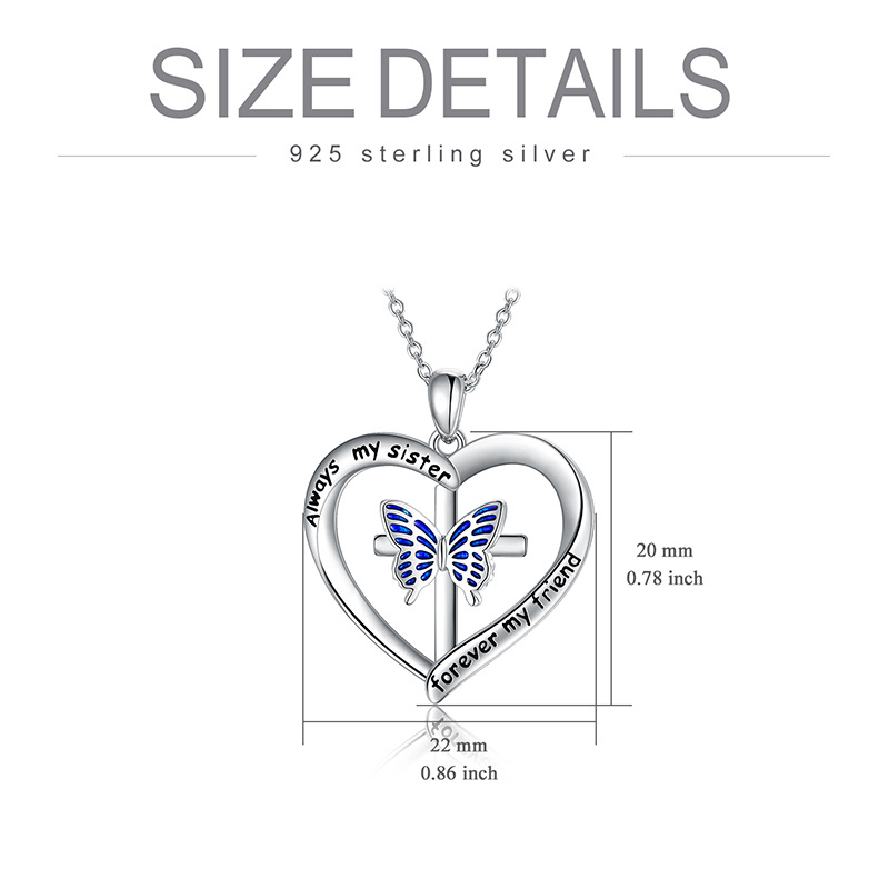 Sterling Silver Butterfly & Cross Heart Pendant Necklace With Engraved Word For Women-5