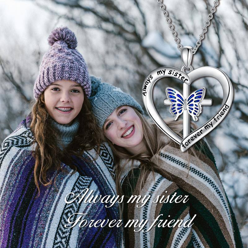 Sterling Silver Butterfly & Cross Heart Pendant Necklace With Engraved Word For Women-6