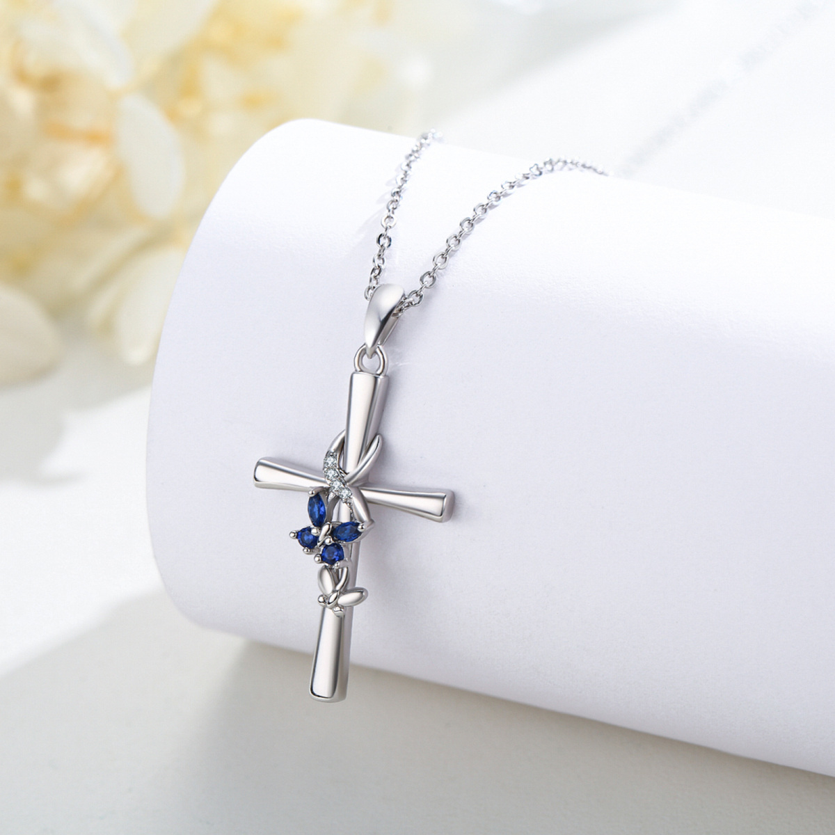 Sterling Silver Cubic Zirconia Butterfly & Cross Pendant Necklace-3