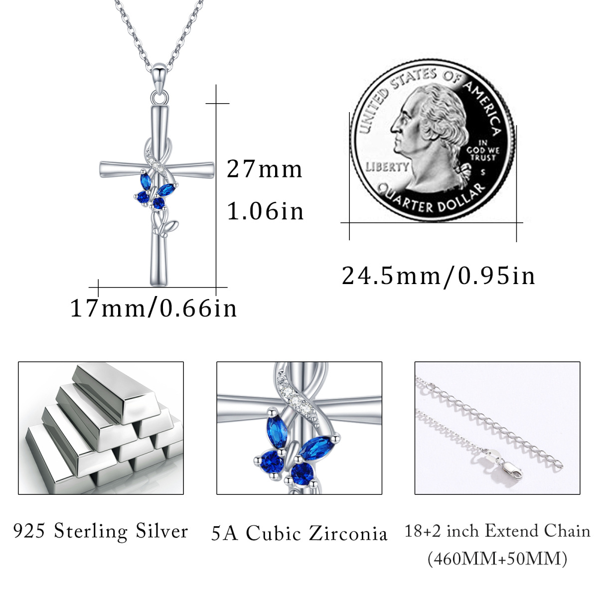 Sterling Silber Cubic Zirkonia Schmetterling & Kreuz Anhänger Halskette-4