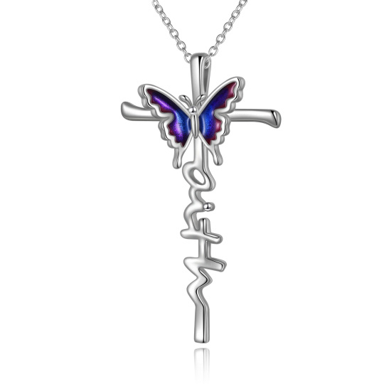 Sterling Silver Butterfly & Cross Pendant Necklace for Women