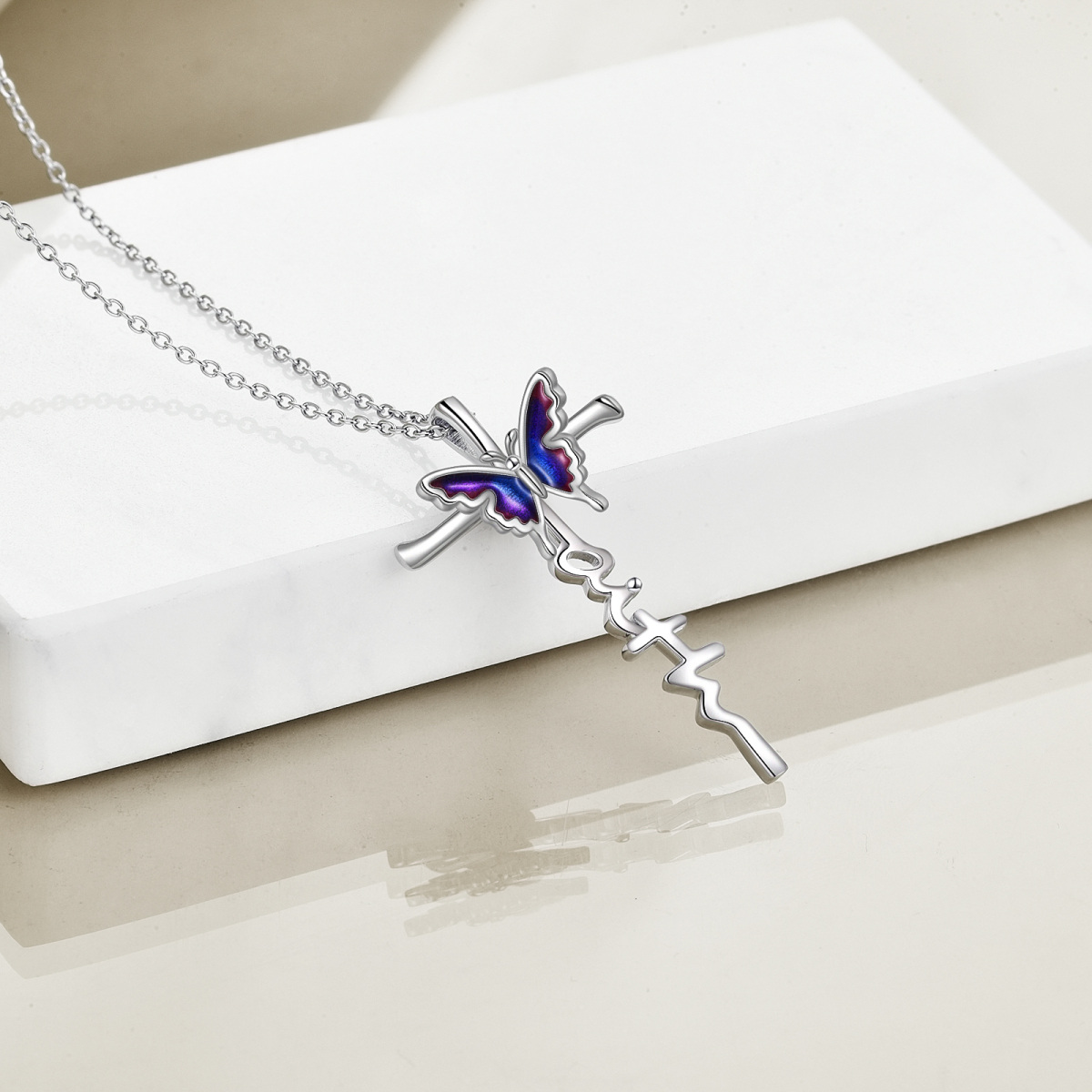 Sterling Silver Butterfly & Cross Pendant Necklace for Women-4