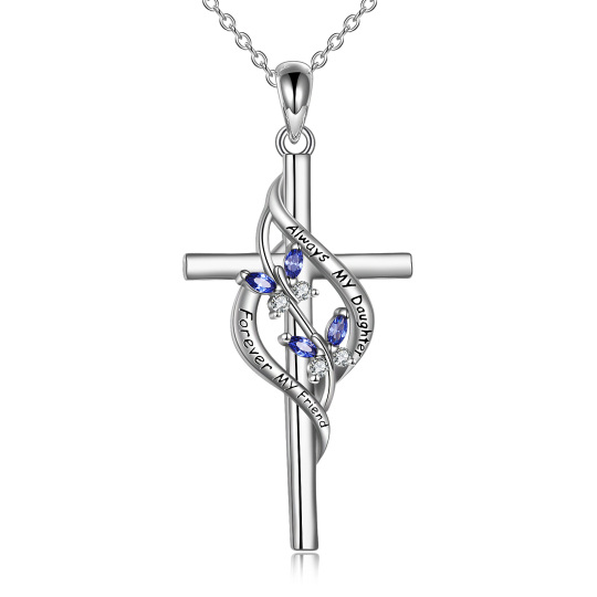 Sterling Silver Cubic Zirconia Butterfly & Cross Pendant Necklace with Engraved Word