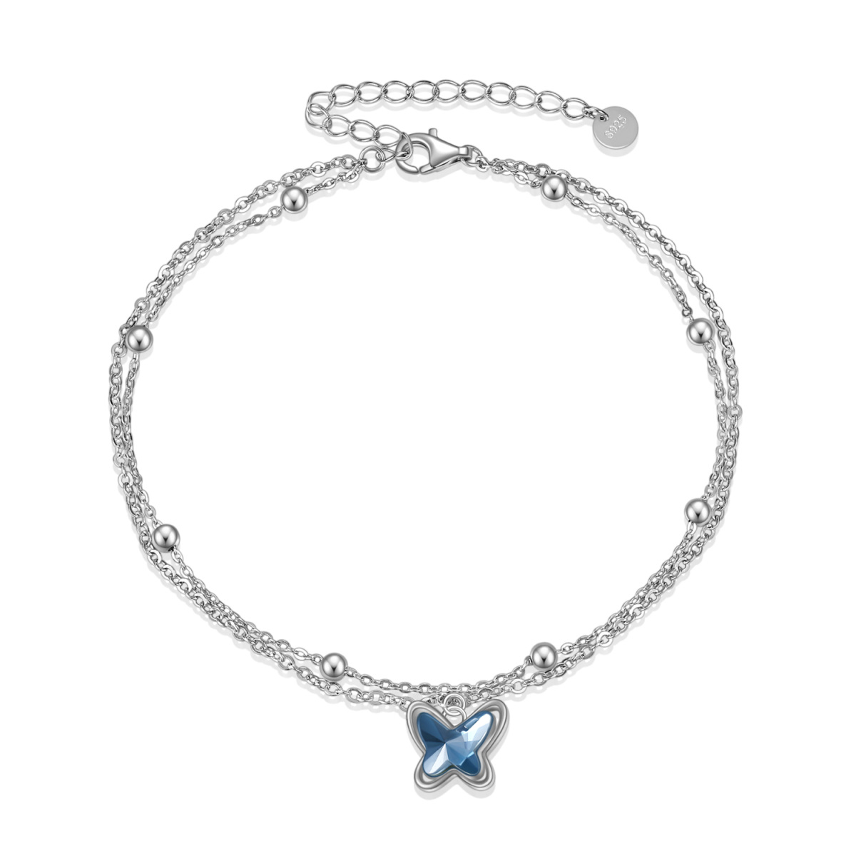 Sterling Silver Crystal Butterfly Multi-layered Charm Anklet for Women-1