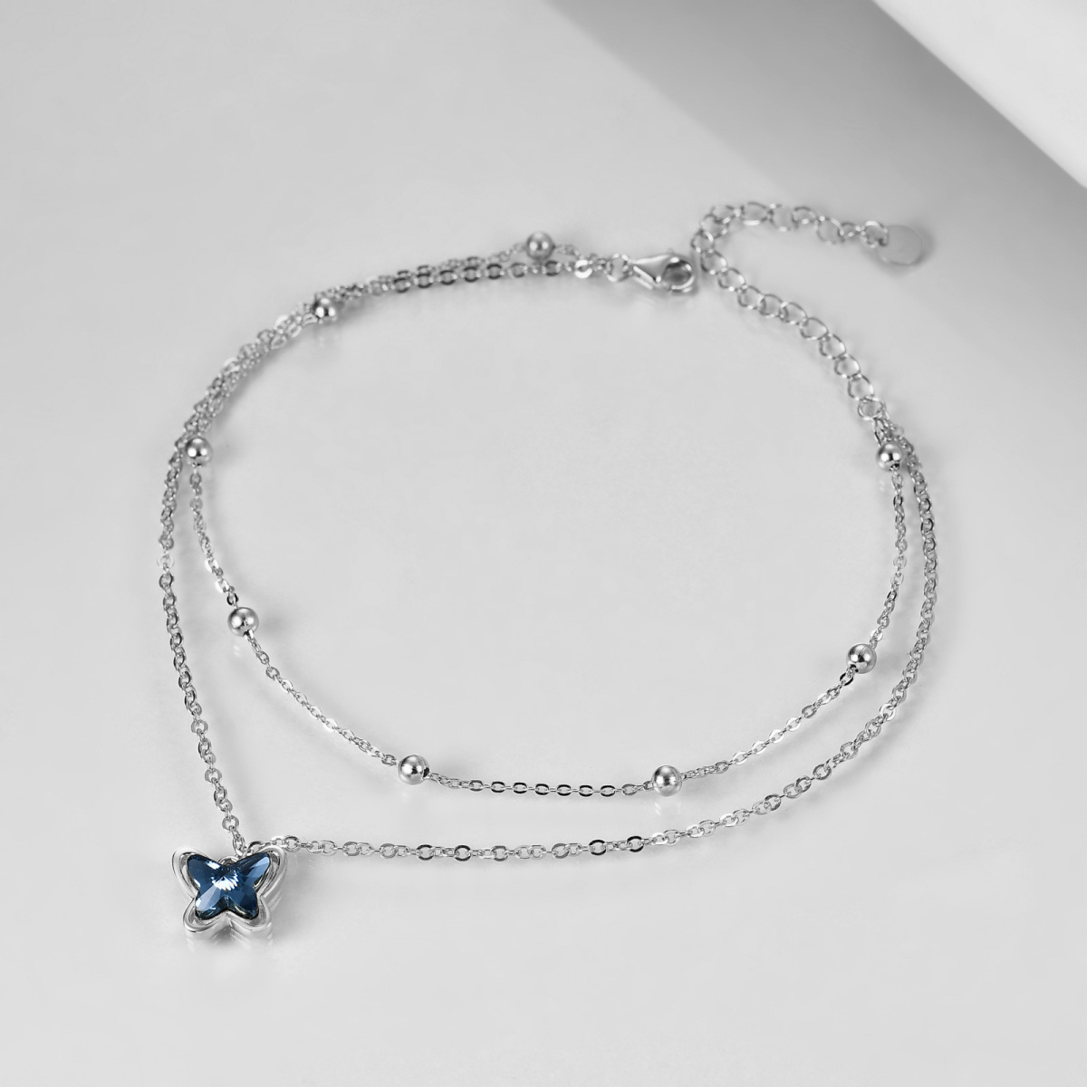 Sterling Silver Crystal Butterfly Multi-layered Charm Anklet for Women-3