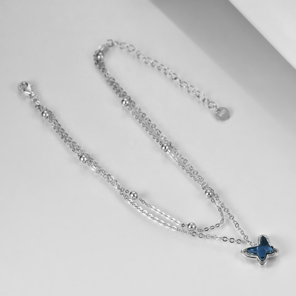 Sterling Silver Crystal Butterfly Multi-layered Charm Anklet for Women-4