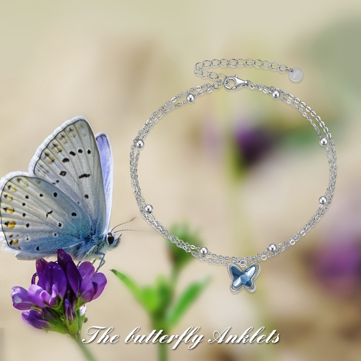 Sterling Silver Crystal Butterfly Multi-layered Charm Anklet for Women-6