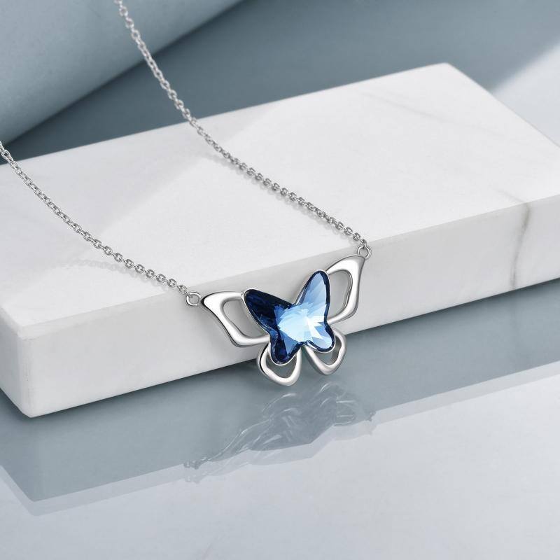 Sterling Silver Butterfly Crystal Pendant Necklace-3