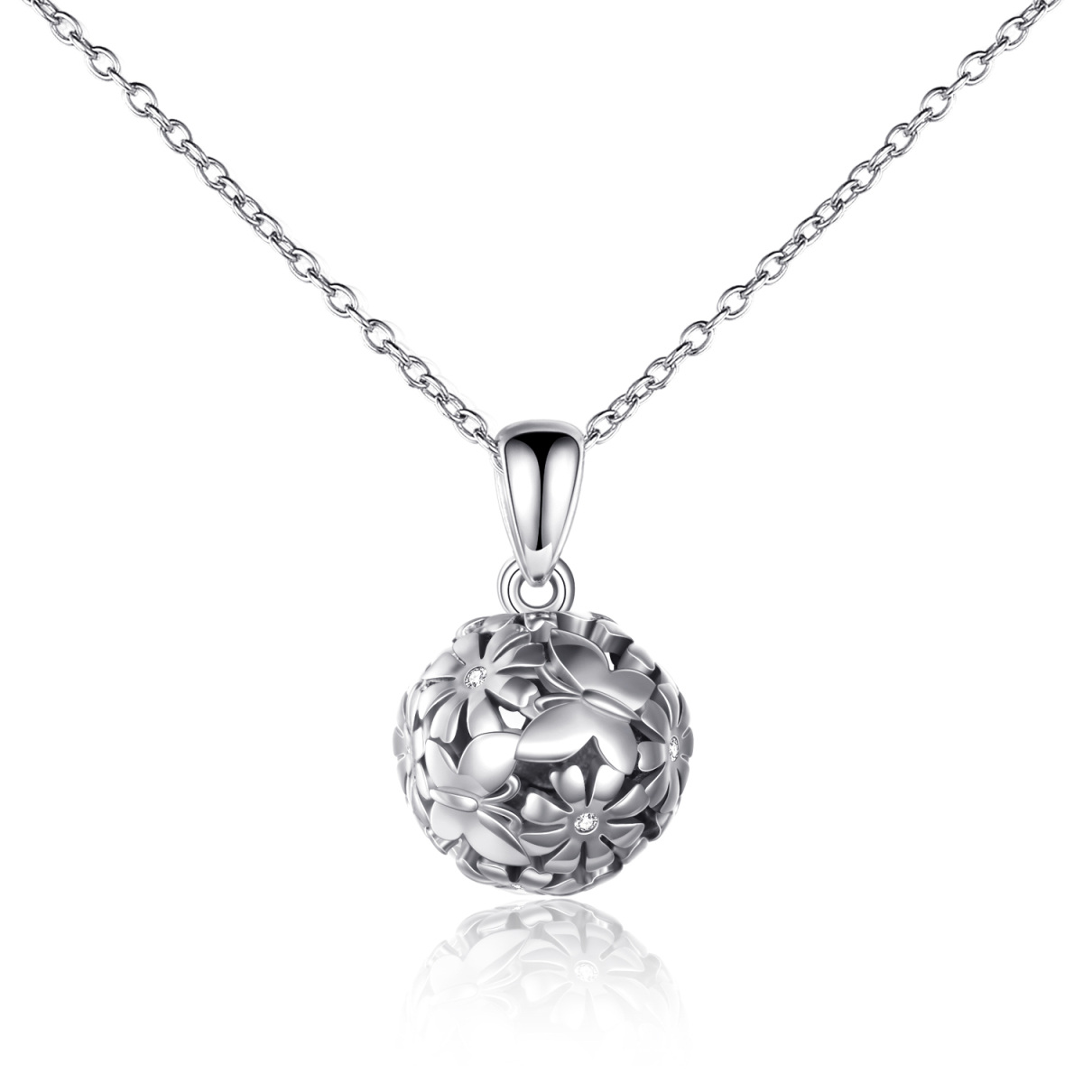 Sterling Silver Cubic Zirconia Butterfly & Daisy & Spherical Pendant Necklace-1