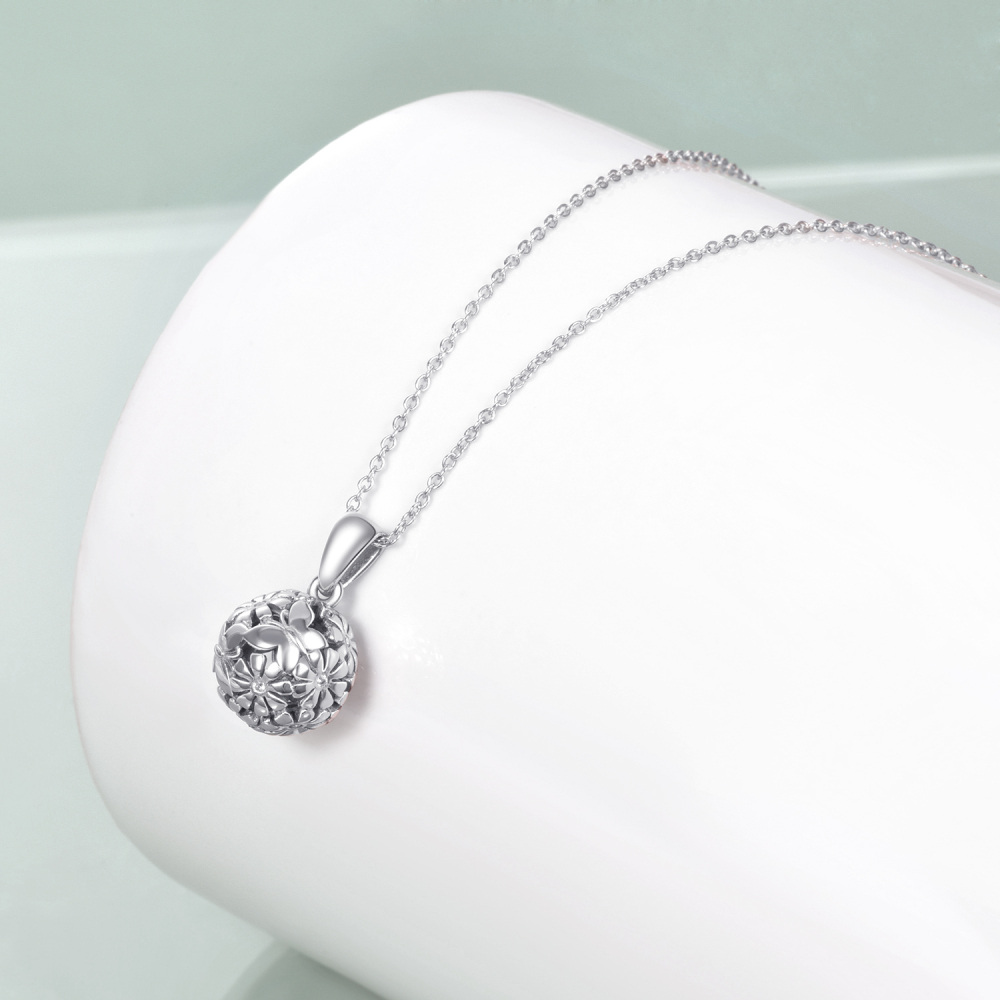Collar de plata de ley con forma de bola y flores de mariposa para mujer-4
