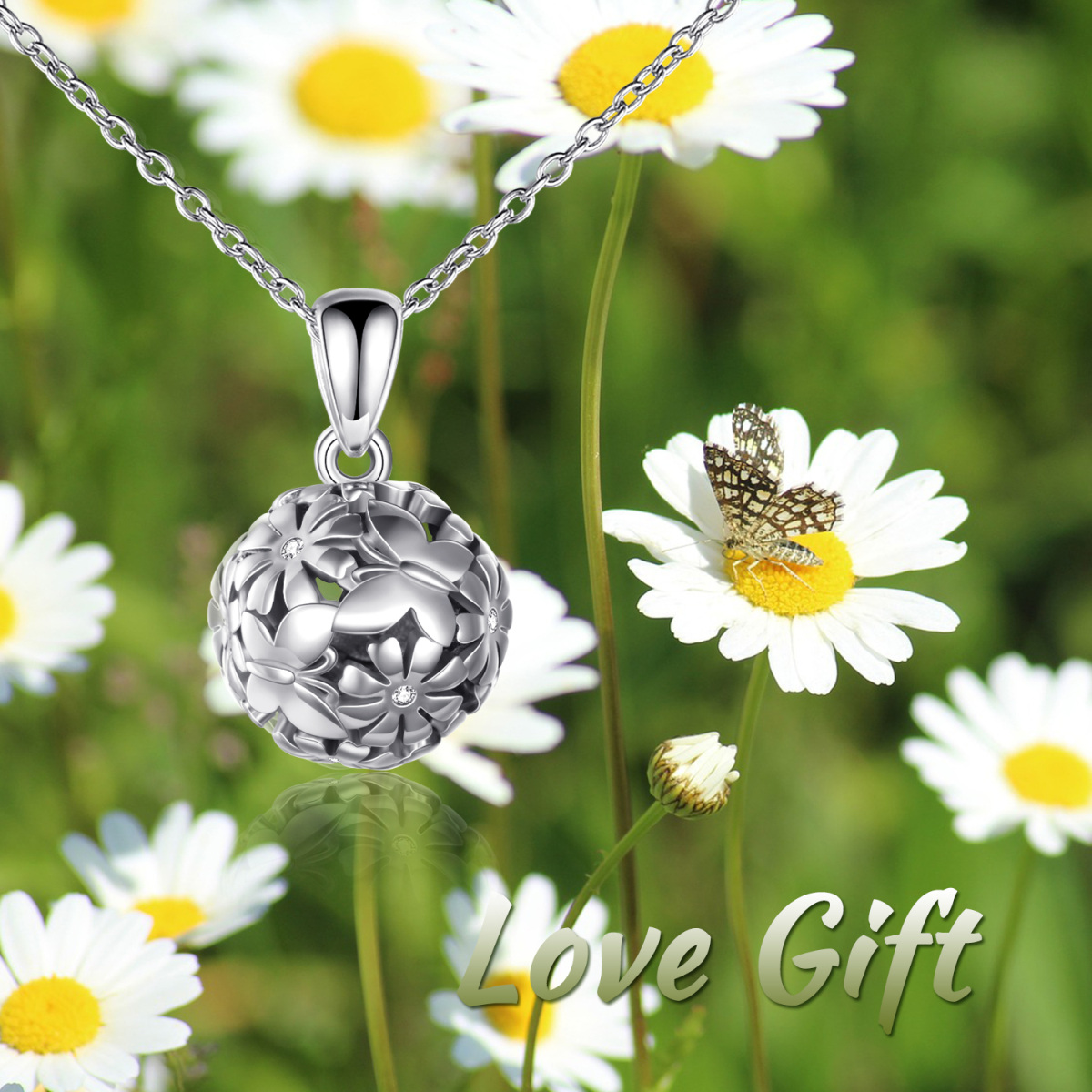 Sterling Silver Cubic Zirconia Butterfly & Daisy & Spherical Pendant Necklace-6