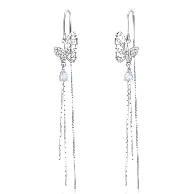 Sterling Silver Cubic Zirconia Butterfly Drop Earrings-1