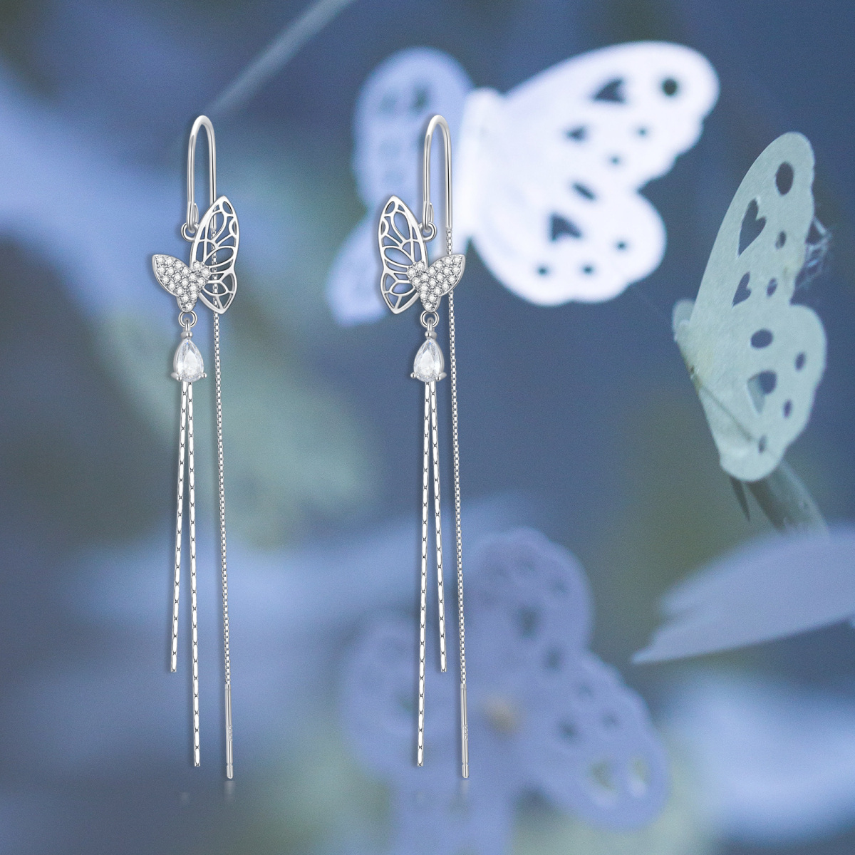 Sterling Silver Cubic Zirconia Butterfly Drop Earrings-6